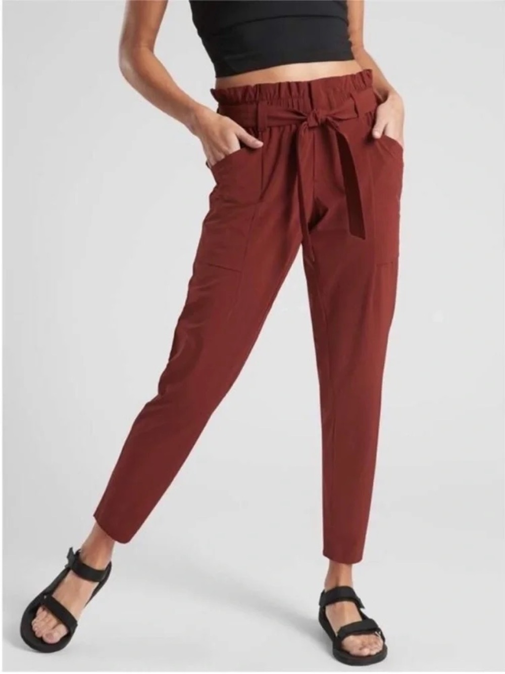 Athleta Skyline Pants Size 8 Rust Orange Belted Pleated Paperbag Athleisure Fall